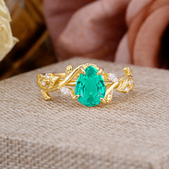 4 Prong Nature Inspired Pear Cut Emerald Leaf Gold Engagement Ring