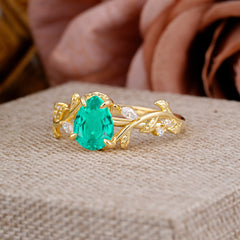4 Prong Nature Inspired Pear Cut Emerald Leaf Gold Engagement Ring