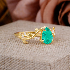 4 Prong Nature Inspired Pear Cut Emerald Leaf Gold Engagement Ring