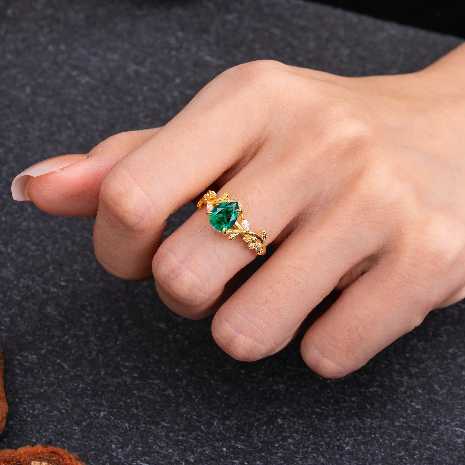 4 Prong Nature Inspired Pear Cut Emerald Leaf Gold Engagement Ring