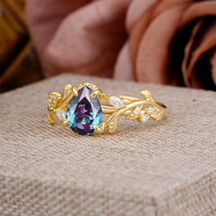 4 Prong Nature Inspired Pear Cut Alexandrite Leaf Gold Engagement Ring