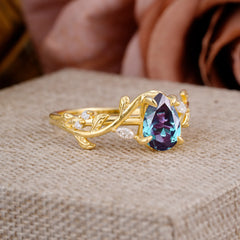 4 Prong Nature Inspired Pear Cut Alexandrite Leaf Gold Engagement Ring