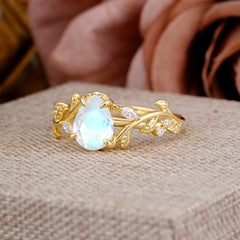 4 Prong Nature Inspired Pear Cut Moonstone Leaf Gold Engagement Ring
