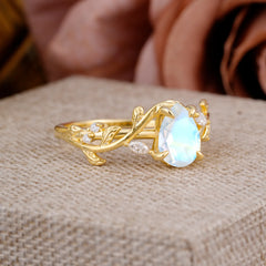 4 Prong Nature Inspired Pear Cut Moonstone Leaf Gold Engagement Ring