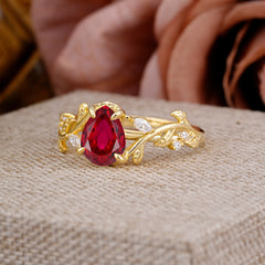 4 Prong Nature Inspired Pear Cut Ruby Leaf Gold Engagement Ring