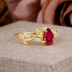 4 Prong Nature Inspired Pear Cut Ruby Leaf Gold Engagement Ring