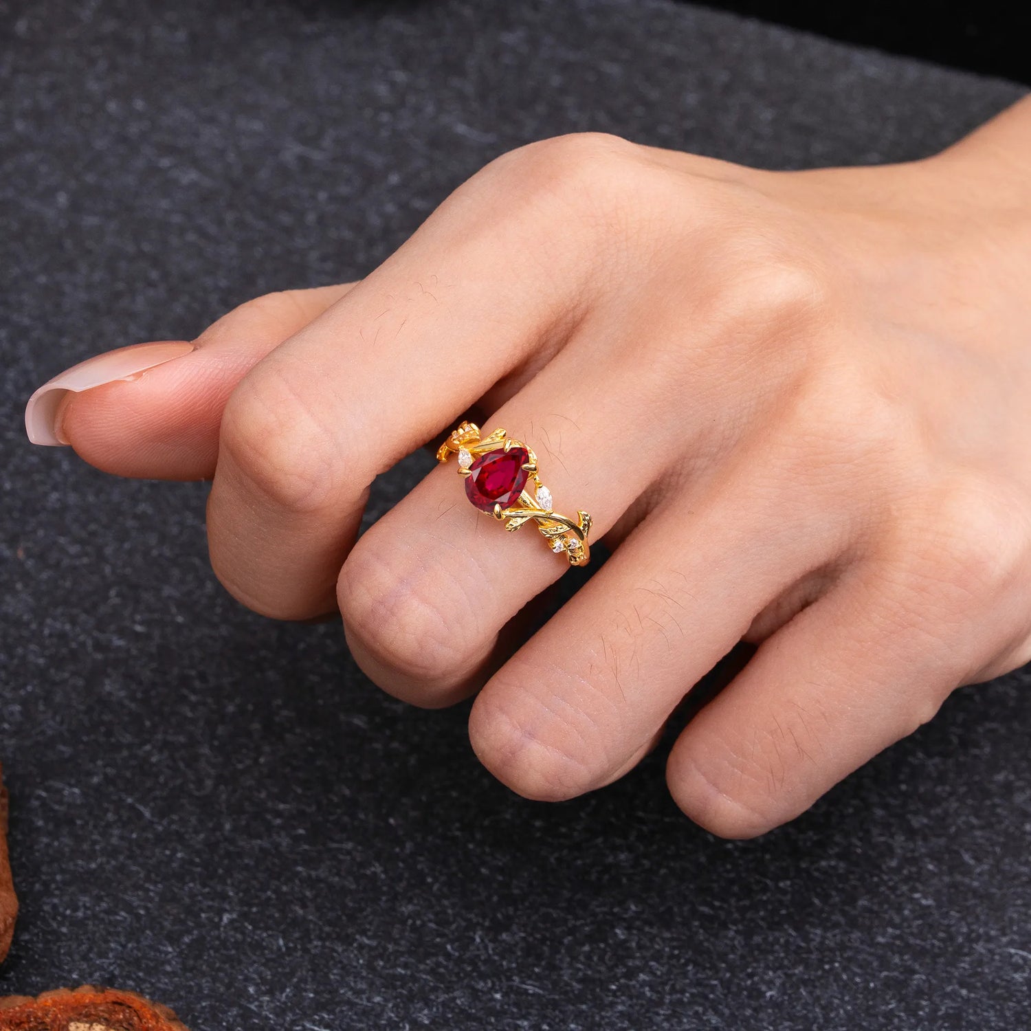 4 Prong Nature Inspired Pear Cut Ruby Leaf Gold Engagement Ring