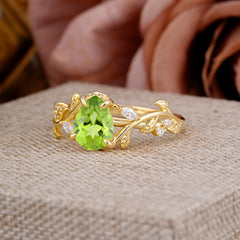 4 Prong Nature Inspired Pear Cut Peridot Leaf Gold Engagement Ring