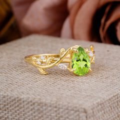 4 Prong Nature Inspired Pear Cut Peridot Leaf Gold Engagement Ring