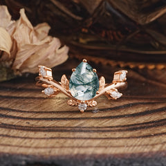 Nature-Inspired 6-Prong Teardrop Natural Moss Agate Engagement Ring