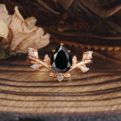 Nature-Inspired 6-Prong Teardrop Black Onyx Engagement Ring