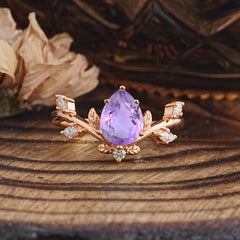 Nature-Inspired 6-Prong Teardrop Amethyst Engagement Ring