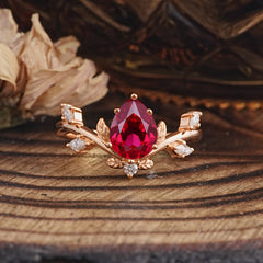 Nature-Inspired 6-Prong Teardrop Ruby Engagement Ring
