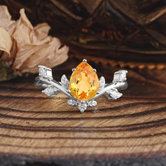 Nature-Inspired 6-Prong Teardrop Citrine Engagement Ring