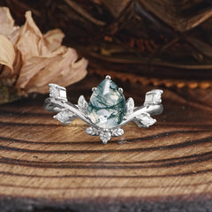 Nature-Inspired 6-Prong Teardrop Natural Moss Agate Engagement Ring