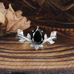 Nature-Inspired 6-Prong Teardrop Black Onyx Engagement Ring