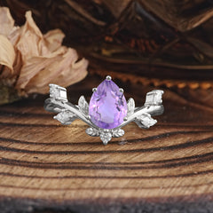 Nature-Inspired 6-Prong Teardrop Amethyst Engagement Ring