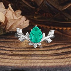 Nature-Inspired 6-Prong Teardrop Emerald Engagement Ring