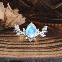 Pear Shaped Natural Moonstone Engagement Ring Wedding Ring