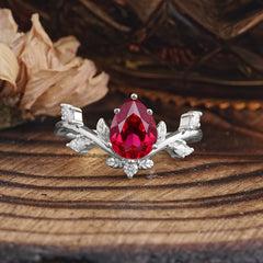 Nature-Inspired 6-Prong Teardrop Ruby Engagement Ring