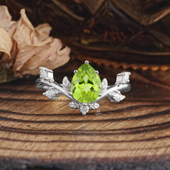Nature-Inspired 6-Prong Teardrop Peridot Engagement Ring