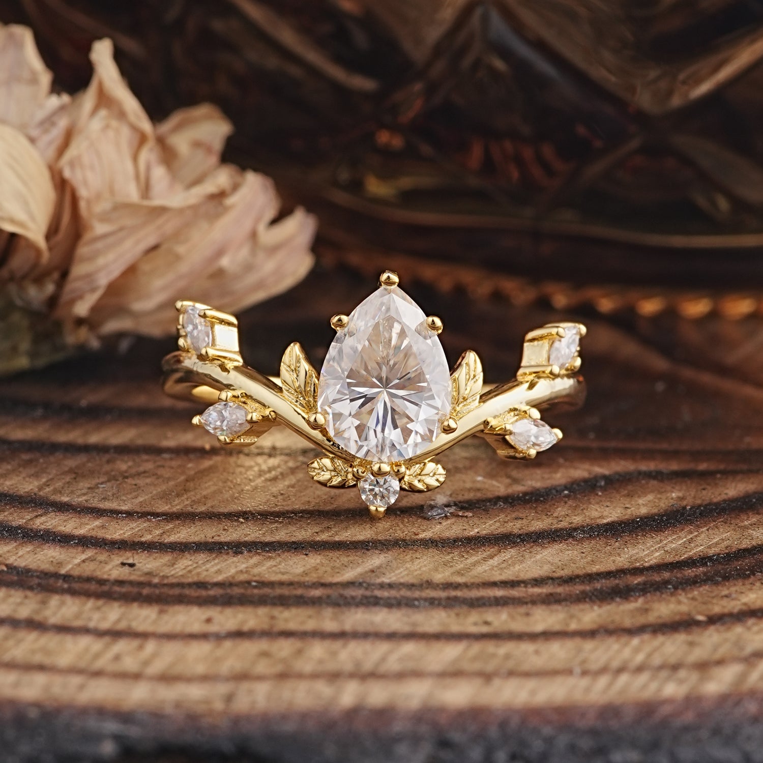 Nature-Inspired 6-Prong Teardrop Moissanite Engagement Ring