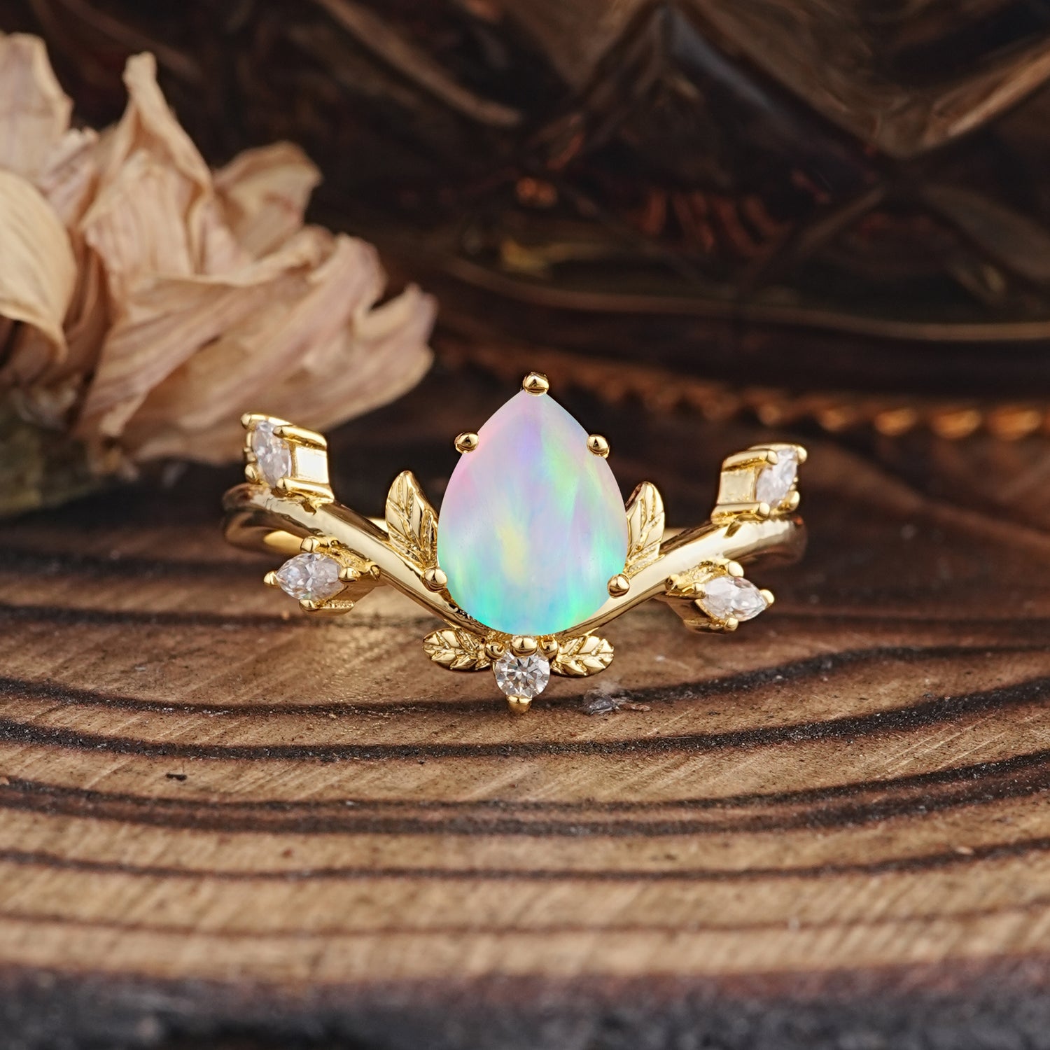 Nature-Inspired 6-Prong Teardrop Opal Engagement Ring