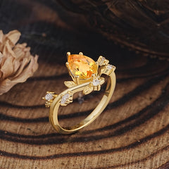 Nature-Inspired 6-Prong Teardrop Citrine Engagement Ring