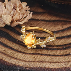 Nature-Inspired 6-Prong Teardrop Citrine Engagement Ring