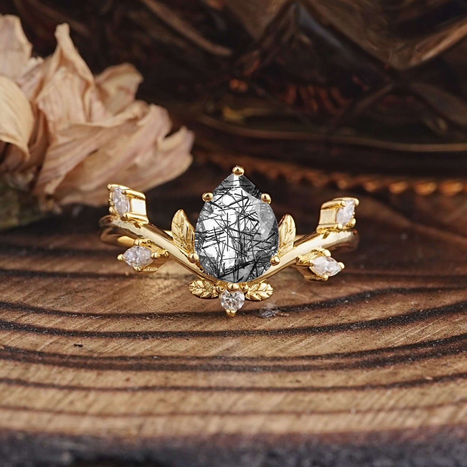 Nature-Inspired 6-Prong Teardrop Black Rutilated Quartz Engagement Ring