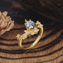 Nature-Inspired 6-Prong Teardrop Black Rutilated Quartz Engagement Ring