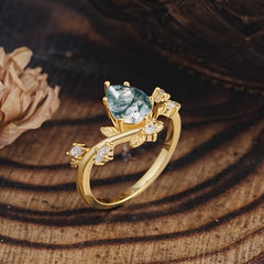 Nature-Inspired 6-Prong Teardrop Natural Moss Agate Engagement Ring