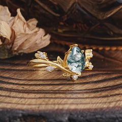 Nature-Inspired 6-Prong Teardrop Natural Moss Agate Engagement Ring