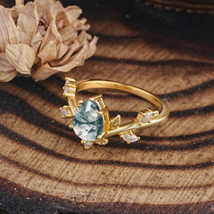 Nature-Inspired 6-Prong Teardrop Natural Moss Agate Engagement Ring