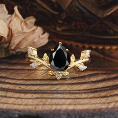 Nature-Inspired 6-Prong Teardrop Black Onyx Engagement Ring