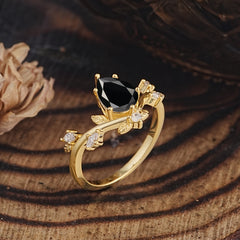 Nature-Inspired 6-Prong Teardrop Black Onyx Engagement Ring