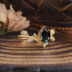 Nature-Inspired 6-Prong Teardrop Black Onyx Engagement Ring