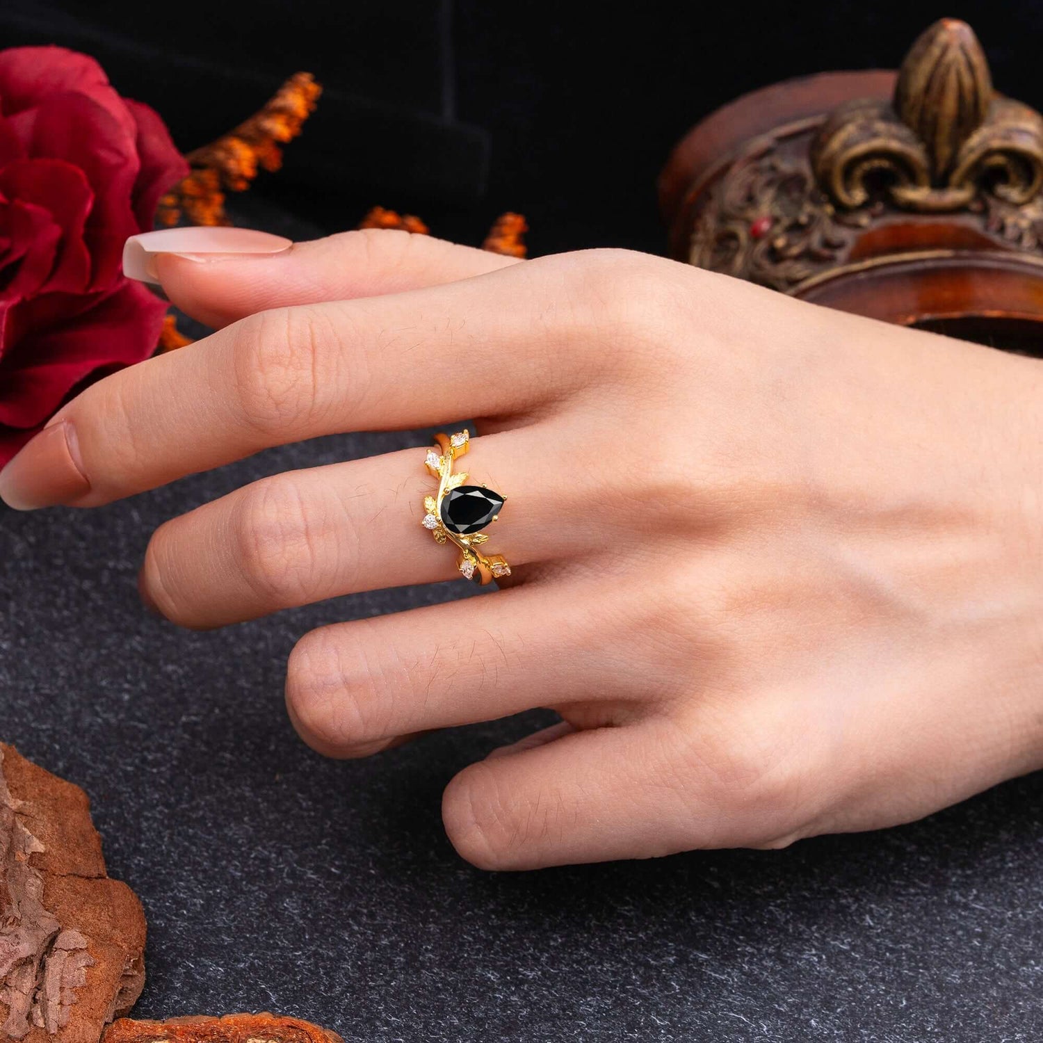 Nature-Inspired 6-Prong Teardrop Black Onyx Engagement Ring