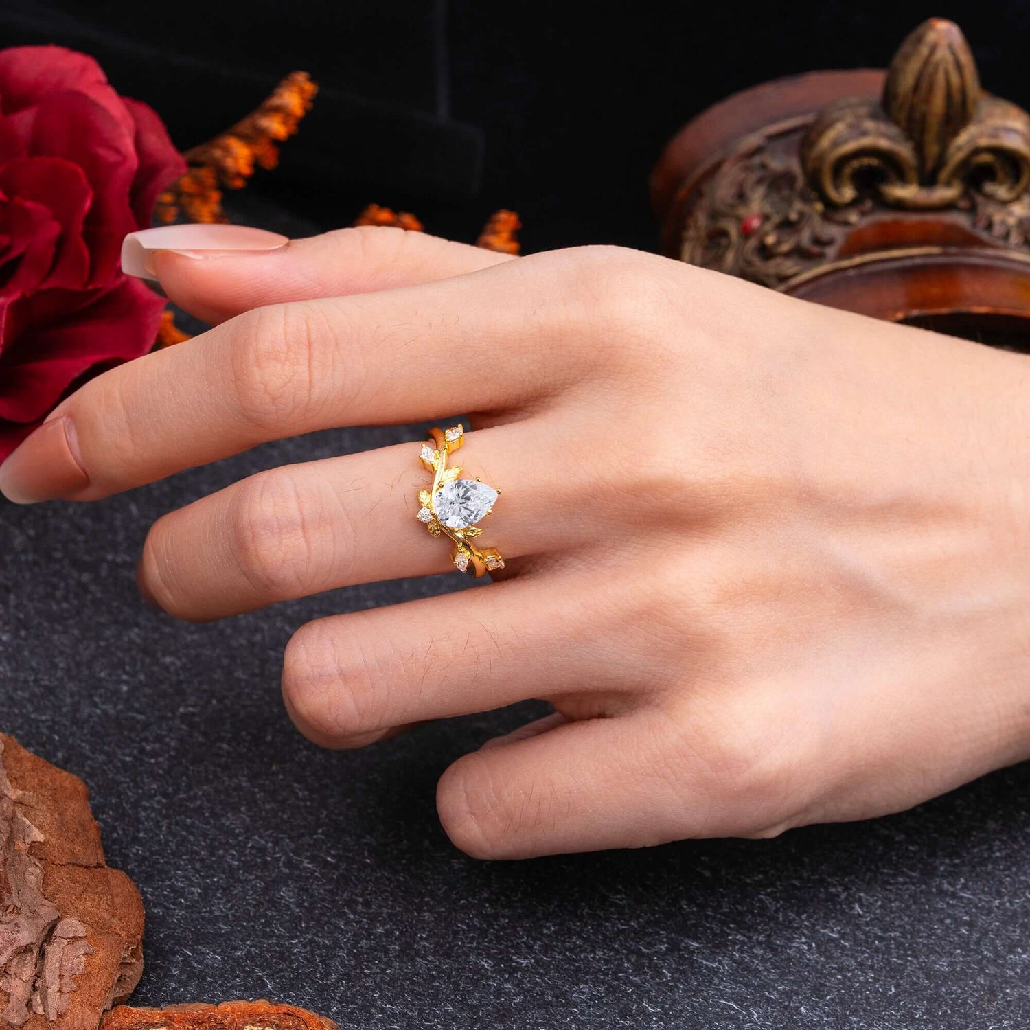 Nature-Inspired 6-Prong Teardrop Lab Diamond Engagement Ring