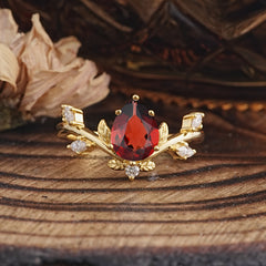 Nature-Inspired 6-Prong Teardrop Garnet Engagement Ring