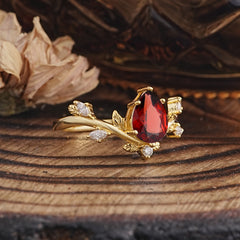 Nature-Inspired 6-Prong Teardrop Garnet Engagement Ring