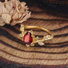 Nature-Inspired 6-Prong Teardrop Garnet Engagement Ring