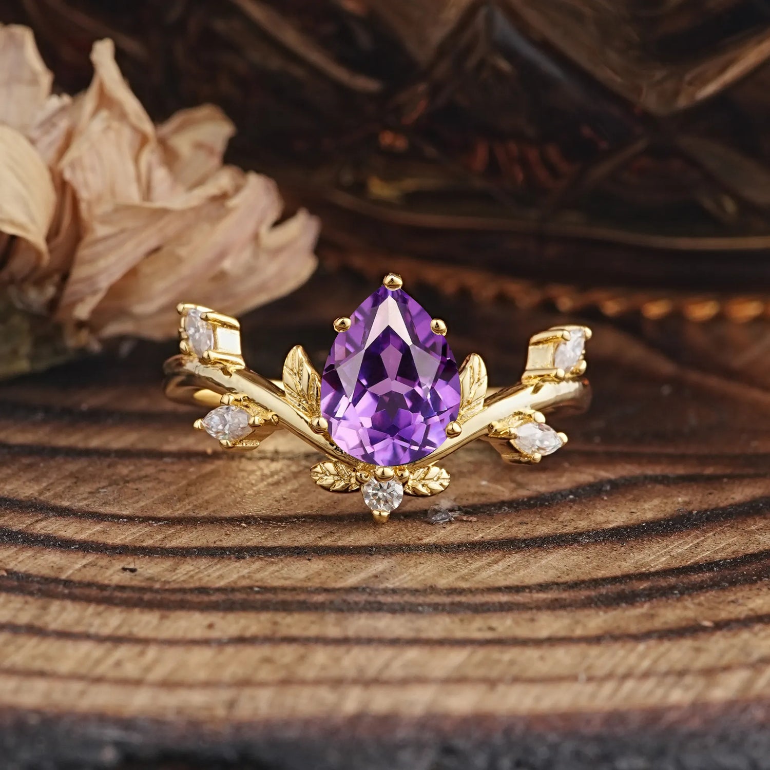 Nature-Inspired 6-Prong Teardrop Amethyst Engagement Ring