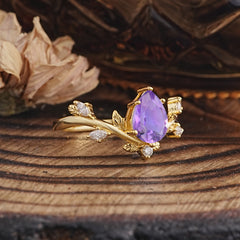 Nature-Inspired 6-Prong Teardrop Amethyst Engagement Ring
