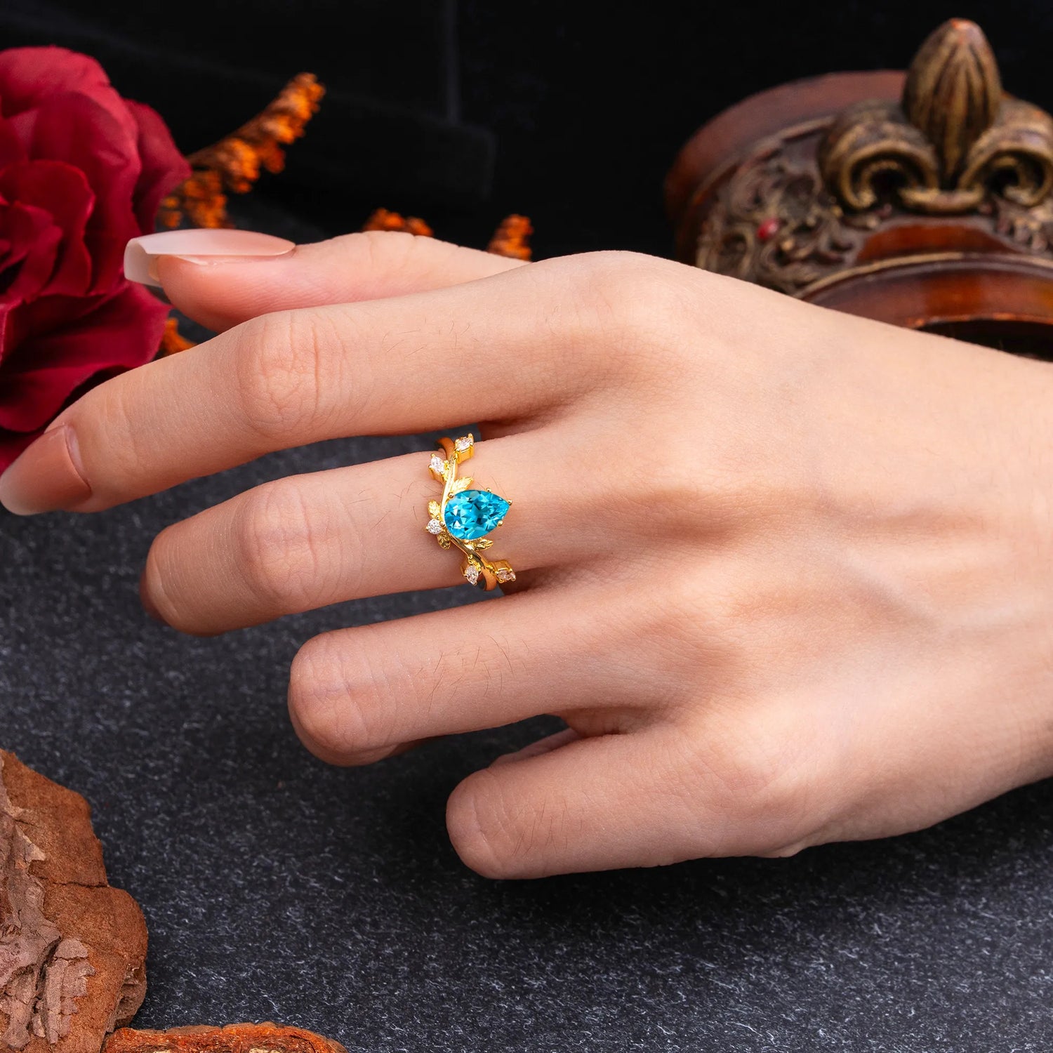 Nature-Inspired 6-Prong Teardrop Aquamarine Engagement Ring