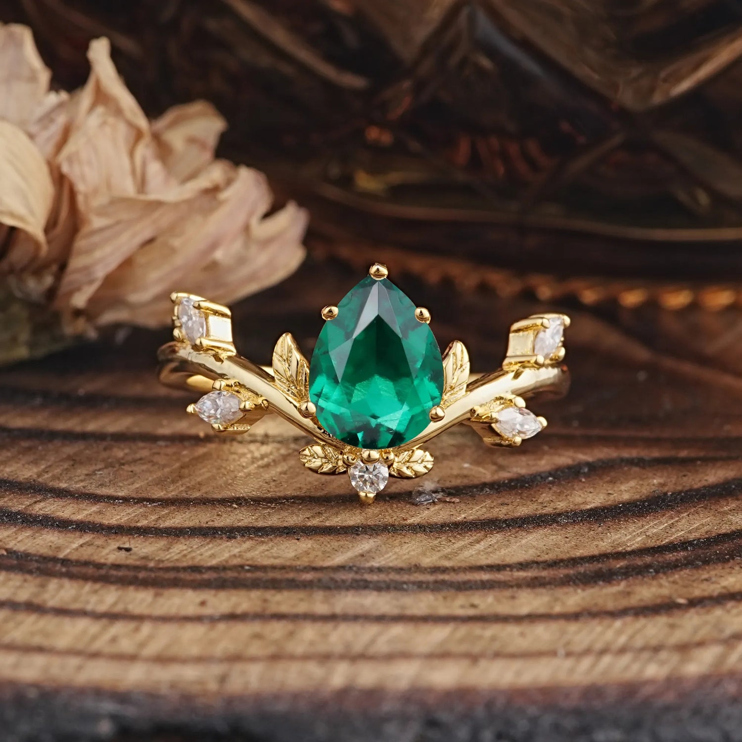 Nature-Inspired 6-Prong Teardrop Emerald Engagement Ring