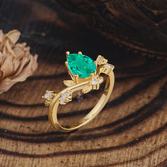 Nature-Inspired 6-Prong Teardrop Emerald Engagement Ring