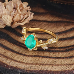 Nature-Inspired 6-Prong Teardrop Emerald Engagement Ring
