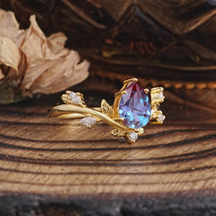 Nature-Inspired 6-Prong Teardrop Alexandrite Engagement Ring