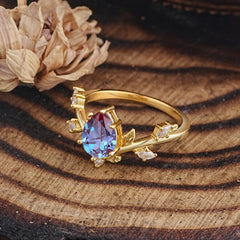 Nature-Inspired 6-Prong Teardrop Alexandrite Engagement Ring